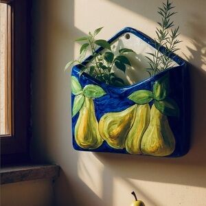 Hand Painted Italian Ceramic Wall Pocket Vase Napkin Holder  Pear Fruit Design